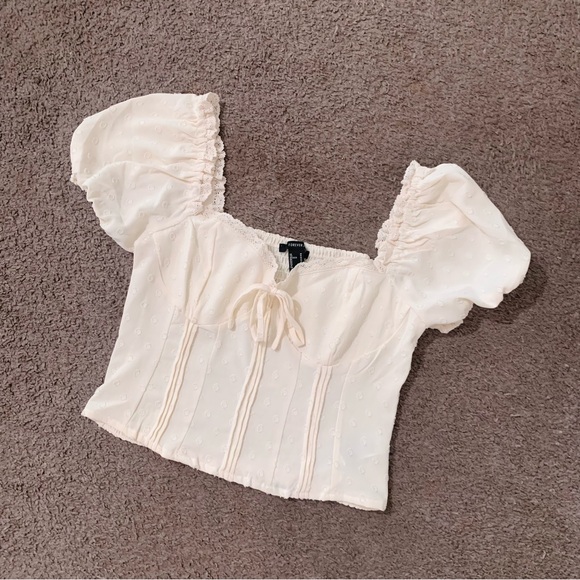❌SOLD❌ Forever 21 Cream Bustier Crop Top Puff Sleeve Ruched Blouse Polka Dot Med - Picture 13 of 13